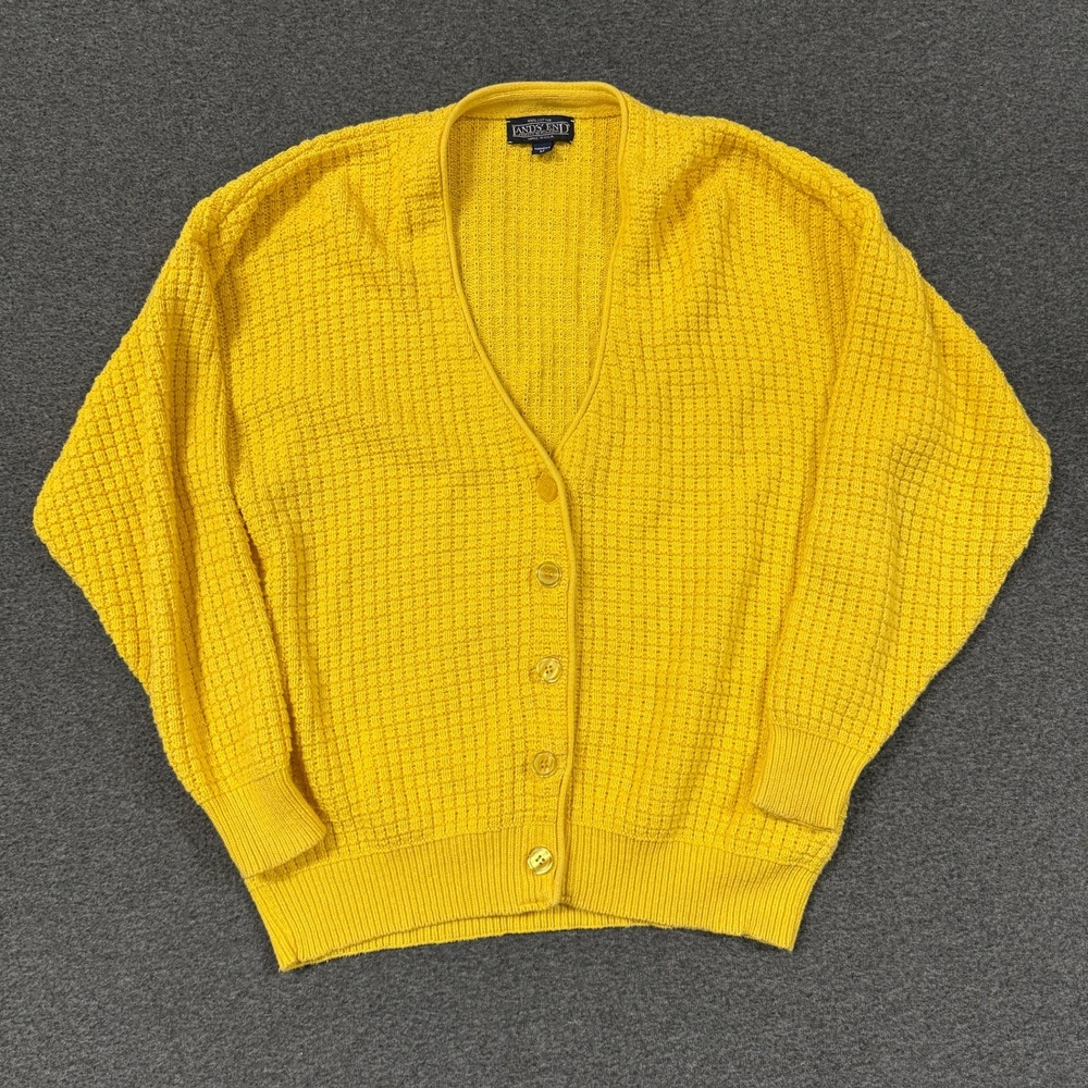 Vintage Lands End Cardigan Sweater Womens M Yellow Good Cotton Waffle Knit USA